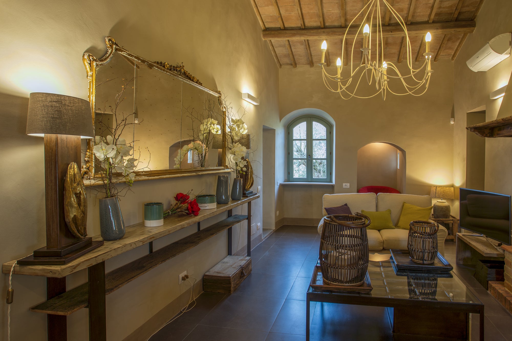 beautifully restored villa, living room tuscan decor